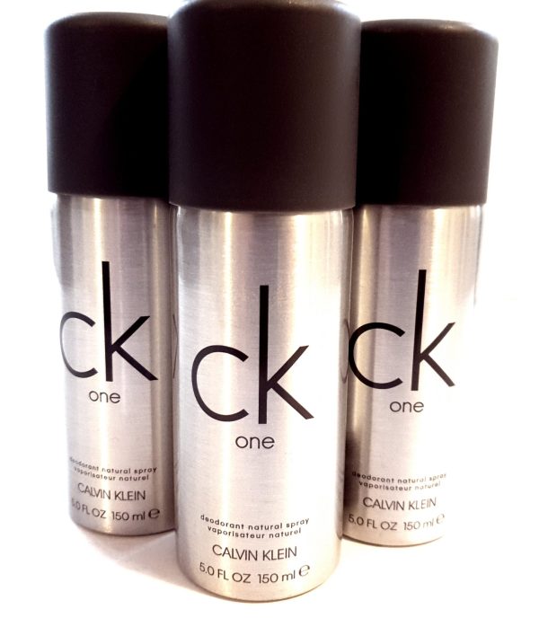 Three bottles of 3x CK One Deodorant Body Spray 150ml on a white background.