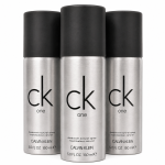 Three cans of CK One Deodorant Body Spray (150ml each) by Calvin Klein, featuring silver packaging with black caps, arranged in a row.