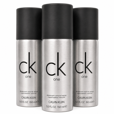 Three cans of CK One Deodorant Body Spray (150ml each) by Calvin Klein, featuring silver packaging with black caps, arranged in a row.