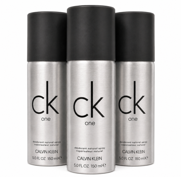 Three cans of CK One Deodorant Body Spray (150ml each) by Calvin Klein, featuring silver packaging with black caps, arranged in a row.