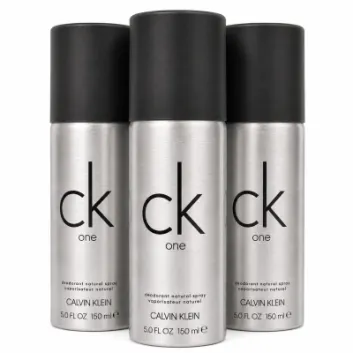Three cans of CK One Deodorant Body Spray (150ml each) by Calvin Klein, featuring silver packaging with black caps, arranged in a row.