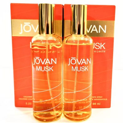 Two bottles of 2x Jovan Musk EDC For Women, 96ml Eau De Cologne for Her on a white background.