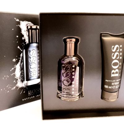 A black box with a bottle and a tube of Hugo Boss Bottled Infinite 50ml EDP.