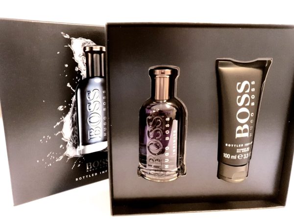 A black box with a bottle and a tube of Hugo Boss Bottled Infinite 50ml EDP.