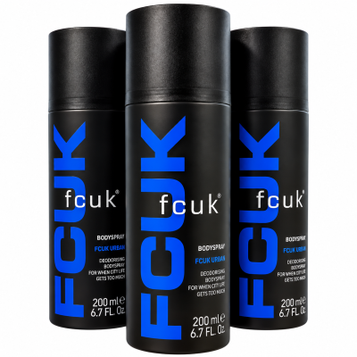 3x Fcuk Urban Deodorising Body Spray For Men, 200ml each, shown upright with blue and white branding on a plain white background.