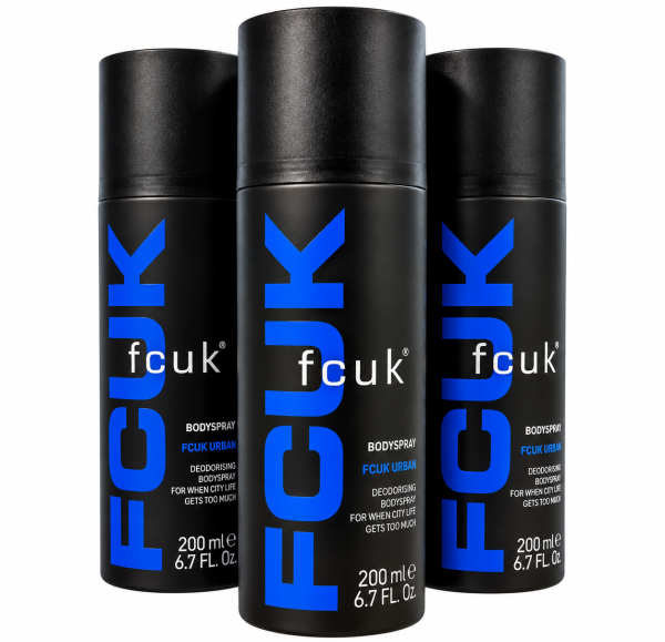 3x Fcuk Urban Deodorising Body Spray For Men, 200ml each, shown upright with blue and white branding on a plain white background.