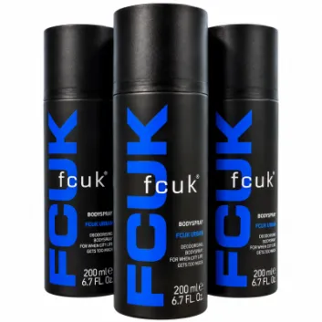 3x Fcuk Urban Deodorising Body Spray For Men, 200ml each, shown upright with blue and white branding on a plain white background.