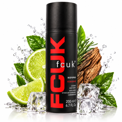 A can of 3x Fcuk Sport Deodorising Body Spray For Men, 200ml surrounded by lime slices, mint leaves, ice cubes, water splashes, and a piece of wood.