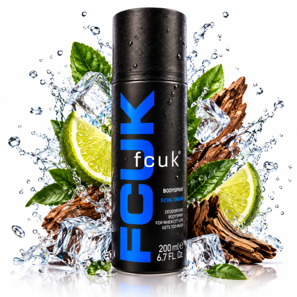 3x Fcuk Urban Deodorising Body Spray For Men, 200ml, displayed with lime slices, mint leaves, ice cubes, water splashes, and wood pieces for a fresh, natural vibe.