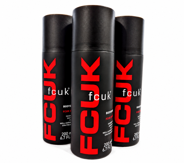 Three cans of Fcuk Sport Deodorising Body Spray for Men, 200ml each, are arranged in a triangular formation on a white background. Three cans of Fcuk Sport Deodorising Body Spray for Men, 200ml each, are arranged in a triangular formation on a white background.