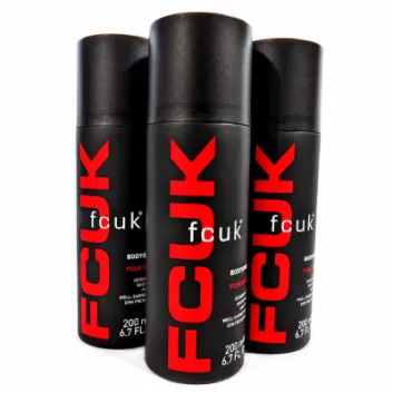 Three cans of Fcuk Sport Deodorising Body Spray for Men, 200ml each, are arranged in a triangular formation on a white background.