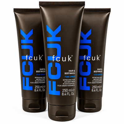 3x Fcuk Urban Hair and Body Wash, 250ml—three black tubes with blue and white text, upright on a white background.