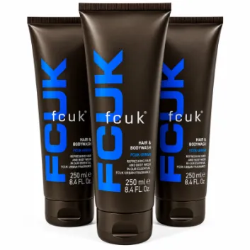 3x Fcuk Urban Hair and Body Wash, 250ml—three black tubes with blue and white text, upright on a white background.