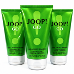 Three green tubes of Joop Go Shower Gel Body Wash for Men, each 150 ml (5.0 FL OZ), arranged side by side against a white background.