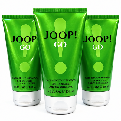 Three green tubes of Joop Go Shower Gel Body Wash for Men, each 150 ml (5.0 FL OZ), arranged side by side against a white background.