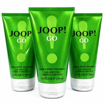 Three green tubes of Joop Go Shower Gel Body Wash for Men, each 150 ml (5.0 FL OZ), arranged side by side against a white background.