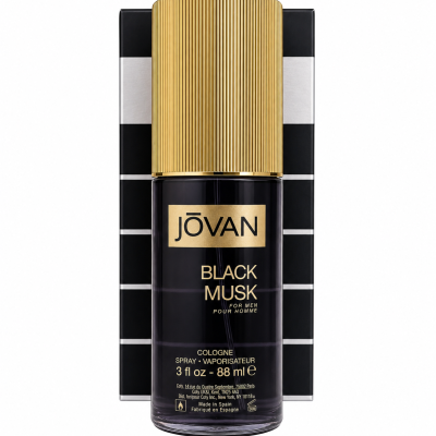Jovan Black Musk for Men 88ml Eau de Cologne, presented in a bottle with a gold cap, is displayed in front of its black and white striped packaging.