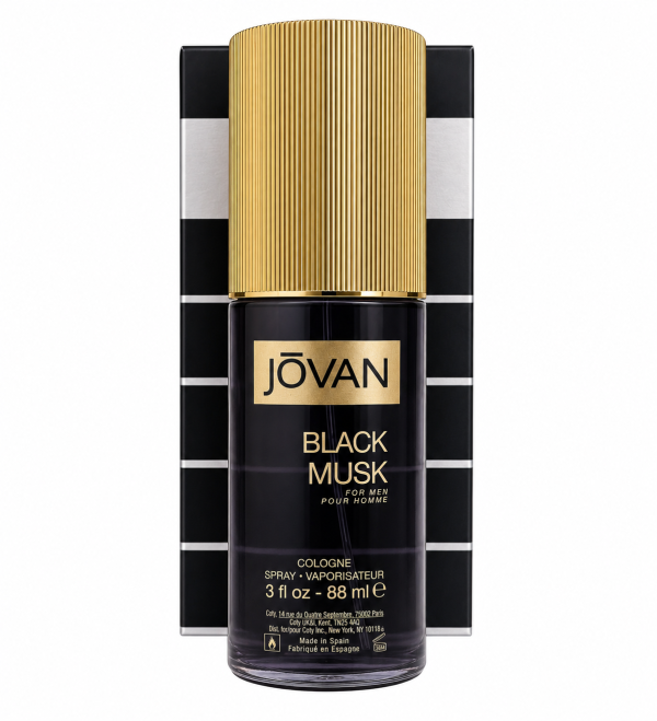 Jovan Black Musk for Men 88ml Eau de Cologne, presented in a bottle with a gold cap, is displayed in front of its black and white striped packaging.