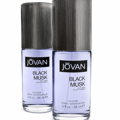 2x Jovan Black Musk for Men 88ml, Eau de Cologne—each bottle features a silver ribbed cap and contains clear lavender liquid.