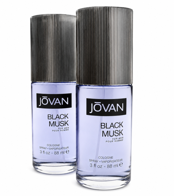 2x Jovan Black Musk for Men 88ml, Eau de Cologne—each bottle features a silver ribbed cap and contains clear lavender liquid.
