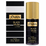 Jovan Black Musk for Men 88ml Eau de Cologne is pictured alongside its black and gold packaging box.