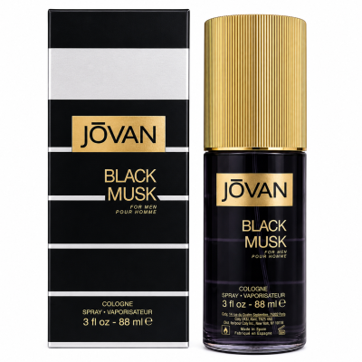 Jovan Black Musk for Men 88ml Eau de Cologne is pictured alongside its black and gold packaging box.