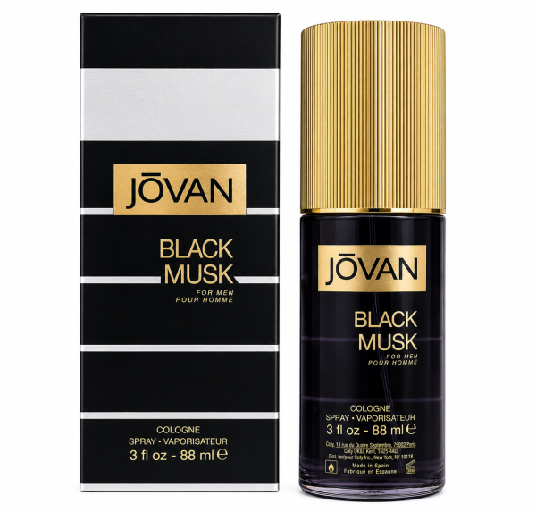 Jovan Black Musk for Men 88ml Eau de Cologne is pictured alongside its black and gold packaging box. Jovan Black Musk for Men 88ml Eau de Cologne is pictured alongside its black and gold packaging box.