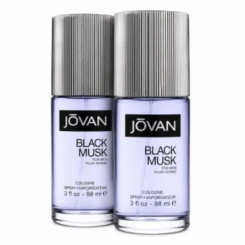 2x Jovan Black Musk for Men 88ml, Eau de Cologne—each bottle features a silver cap and a clear label displaying the product details.