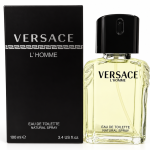 A bottle of yellow Versace L’Homme 100ml EDT Spray, Eau de Toilette for Men next to its black rectangular box.