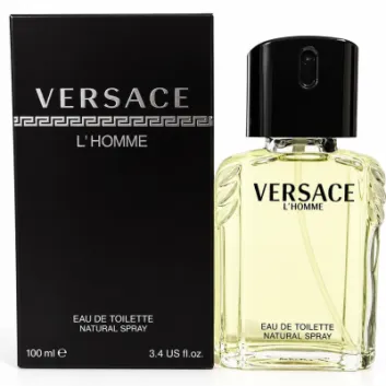 A bottle of yellow Versace L’Homme 100ml EDT Spray, Eau de Toilette for Men next to its black rectangular box.