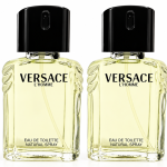 Two identical rectangular glass bottles of Versace L’Homme 100ml EDT Spray, Eau de Toilette for Men with black caps.
