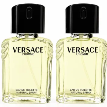 Two identical rectangular glass bottles of Versace L’Homme 100ml EDT Spray, Eau de Toilette for Men with black caps.