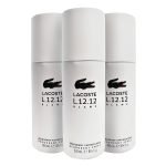 Three bottles of lacoste deodorant on a white surface.