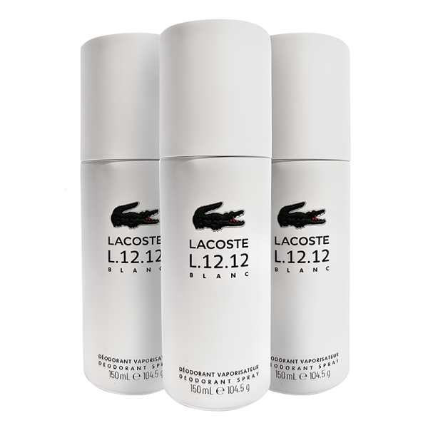 Three bottles of lacoste deodorant on a white surface.