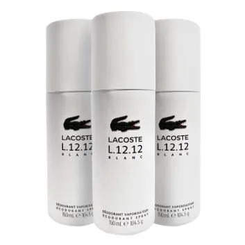 Three bottles of lacoste deodorant on a white surface.