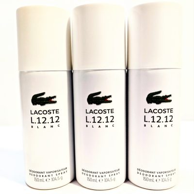 Three bottles of lacoste deodorant on a white background.