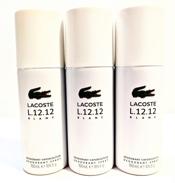 Three bottles of lacoste deodorant on a white background.