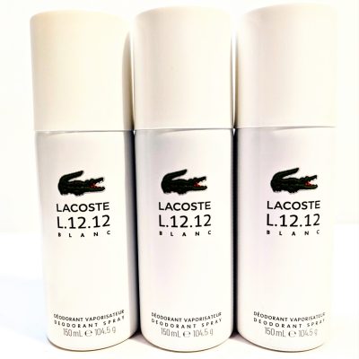 Three bottles of lacoste deodorant on a white background.