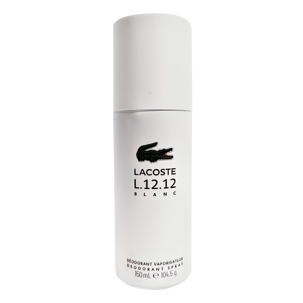 A bottle of lacoste deodorant spray on a white surface.
