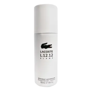 A bottle of lacoste deodorant spray on a white surface.