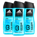 Three bottles of 3x Adidas Ice Dive 400ml XL Shower Gel for Men, suitable for body, hair, and face.