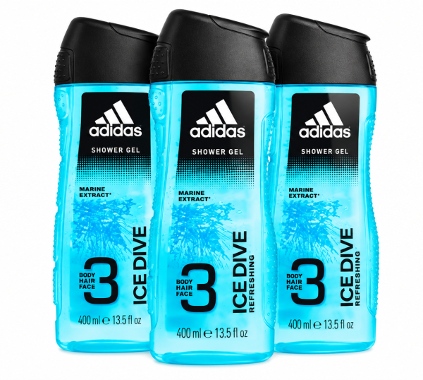 Three bottles of 3x Adidas Ice Dive 400ml XL Shower Gel for Men, suitable for body, hair, and face. Three bottles of 3x Adidas Ice Dive 400ml XL Shower Gel for Men, suitable for body, hair, and face.