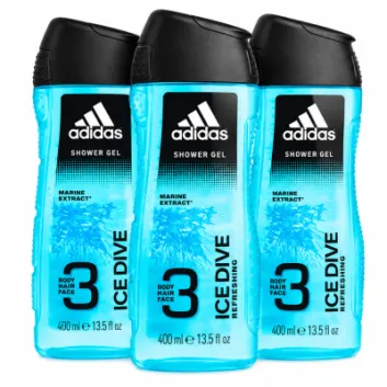 Three bottles of 3x Adidas Ice Dive 400ml XL Shower Gel for Men, suitable for body, hair, and face.