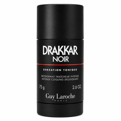 Black cylindrical container of Guy Laroche Drakkar Noir Deodorant Stick, 75g, featuring white and red text on the label.