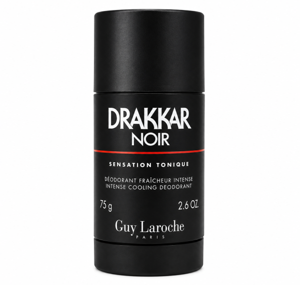 Black cylindrical container of Guy Laroche Drakkar Noir Deodorant Stick, 75g, featuring white and red text on the label.