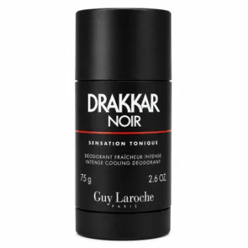 Black cylindrical container of Guy Laroche Drakkar Noir Deodorant Stick, 75g, featuring white and red text on the label.
