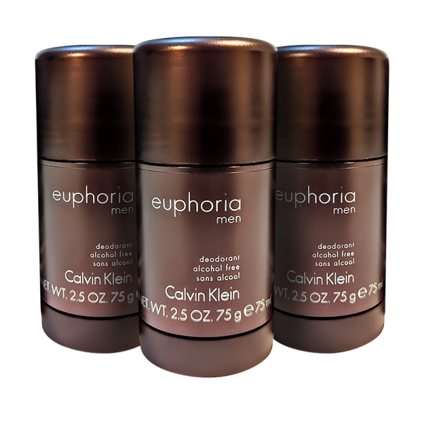 Three containers of Calvin Klein Euphoria Men deodorant, each weighing 2.5 oz (75g), are displayed in a row. The containers are dark with white and silver text.