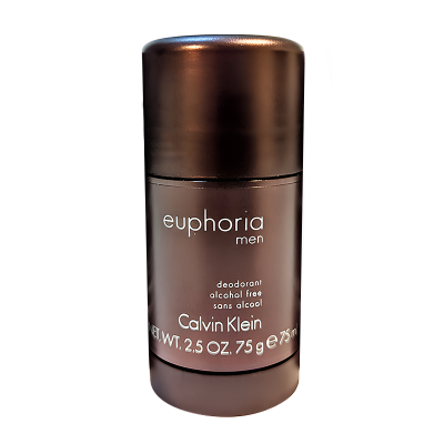 A brown cylindrical stick of Calvin Klein Euphoria Men deodorant, labeled as alcohol-free, weighing 2.5 oz (75g) against a white background.