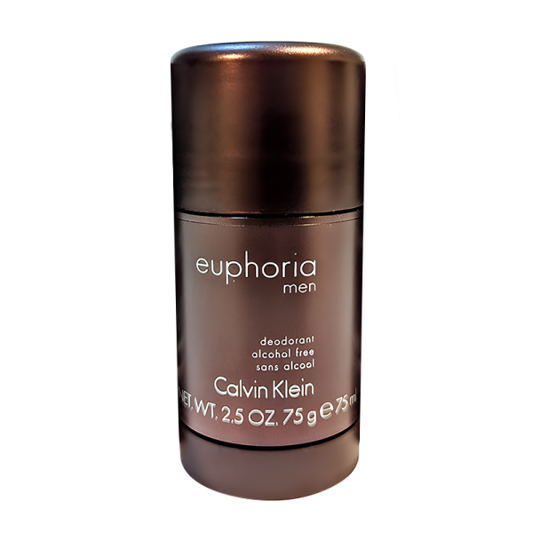 A brown cylindrical stick of Calvin Klein Euphoria Men deodorant, labeled as alcohol-free, weighing 2.5 oz (75g) against a white background.