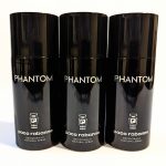 Three black spray bottles of Paco Rabanne Phantom deodorant are aligned side by side against a white background.